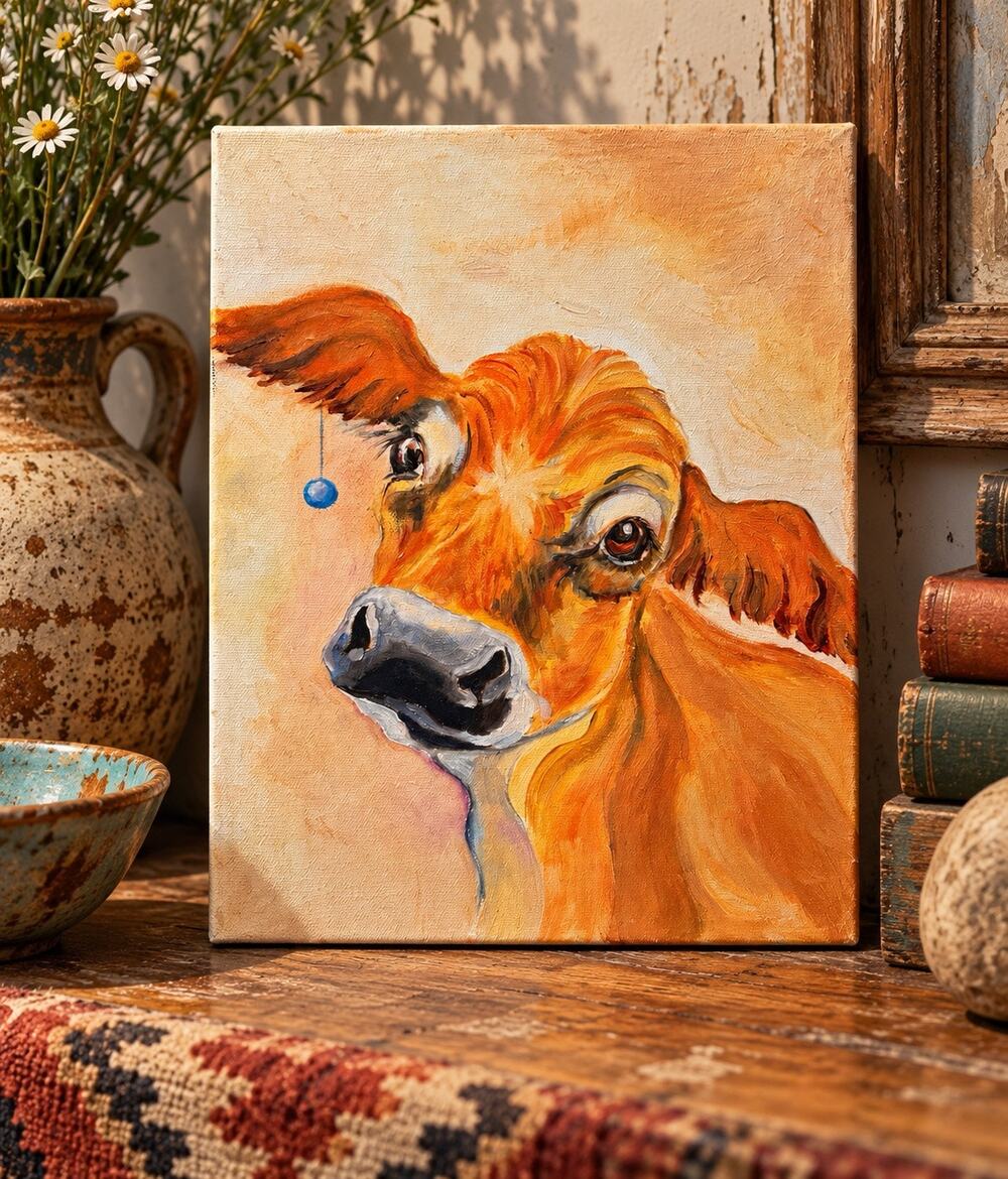Original Cow Painting Signed Peggy Firth 8x10 Canvas Whimsical Folk Art